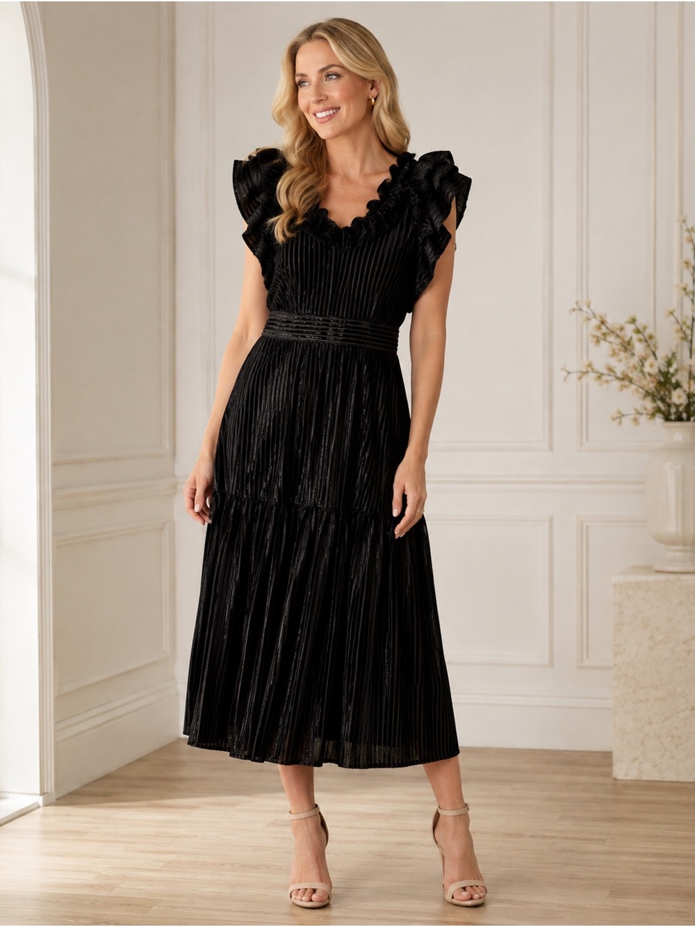 Draper James Black Velvet Ribbed Ruffle Maxi Dress Size XL